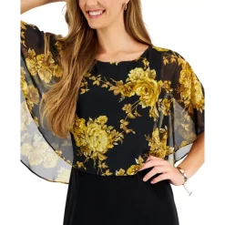 Wholesale π Connected Petite Printed Side-Tab Cap-Sleeve π Dress Black/gold π