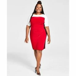 New ⌛ Kasper Plus Size Chaplin Colorblocked Elbow-Sleeve 👗 Dress Crimson Combo 😀
