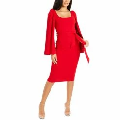 Best Sale 🧨 QUIZ Juniors' Scuba Crepe Tie-Belt Cape-Sleeve Midi 👗 Dress Red 👍