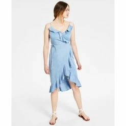 Promo 🌟 Bar III 👩 Women's Ruffled-Edge Wrap 👗 Dress, Created For Macy's Blue Whisper 🌟
