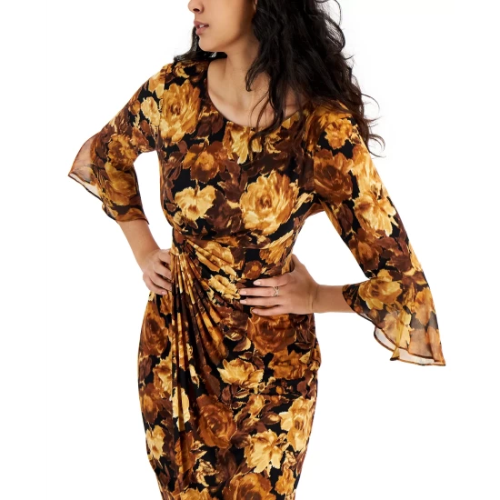 Best deal β¨ Connected π© Women's Floral-Print Pleat-Front Flare-Sleeve π Dress Spice π₯ - Image 5