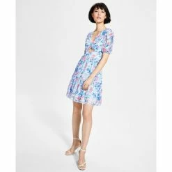 Best deal 🥰 Bar III 👩 Women's Front-Cutout Tiered 👗 Dress, Created For Macy's Air Blue Floral ❤️