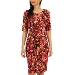 Promo 🔔 Connected Petite Floral-Print Faux-Wrap 👗 Dress Red 😀