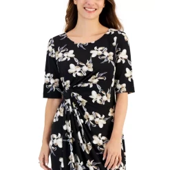 Flash Sale 🎁 Connected Petite Glitter-Knit Drape-Neck Cap-Sleeve 👗 Dress Flax 🔔