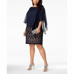 New 🧨 Connected Plus Size Chiffon-Overlay Lace Sheath 👗 Dress Navy/mocha 🎉