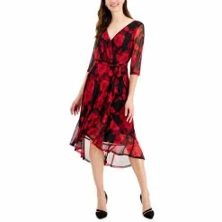 Best deal 😍 Connected Floral-Print Chiffon Faux-Wrap 👗 Dress Red 😍