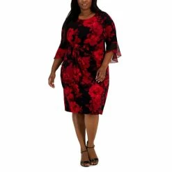 Buy ⌛ Connected Plus Size Printed 3/4-Sleeve Side-Tab 👗 Dress Red ❤️