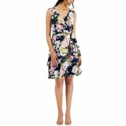 Promo 👏 Connected 👩 Women's Floral-Print Tie-Waist 👗 Dress Navy 🎉