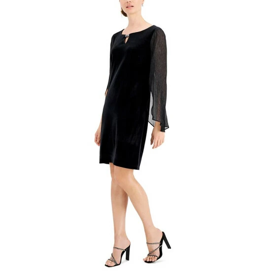 Cheap π Connected Velvet Sheer-Sleeve π Dress Black π