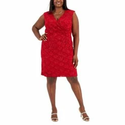 Buy 🛒 Connected Plus Size Embellished Lace Side-Pleated 👗 Dress Scarlet 🔥