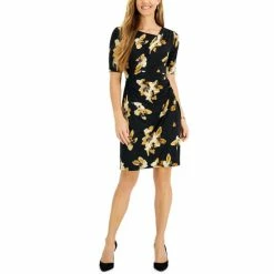 Cheap 😉 Connected Petite Printed Ruched Sheath 👗 Dress Mustard 🔔