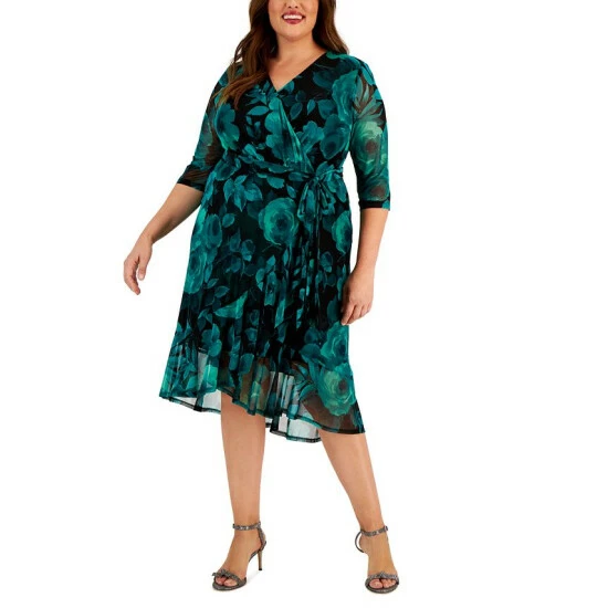 Hot Sale 𧨠Connected Plus Size Floral-Print Faux-Wrap π Dress Emerald π§¨