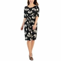 Hot Sale 👍 Connected Petite Printed Side-Tab Sheath 👗 Dress Taupe 😍