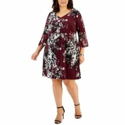 Buy 😀 Connected Plus Size Printed 3/4-Bell-Sleeve Fit & Flare 👗 Dress Bordeaux ✔️
