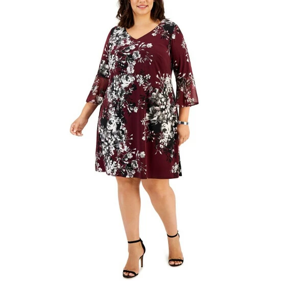 Buy π Connected Plus Size Printed 3/4-Bell-Sleeve Fit & Flare π Dress Bordeaux βοΈ