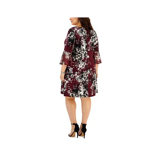 Buy π Connected Plus Size Printed 3/4-Bell-Sleeve Fit & Flare π Dress Bordeaux βοΈ - Image 2