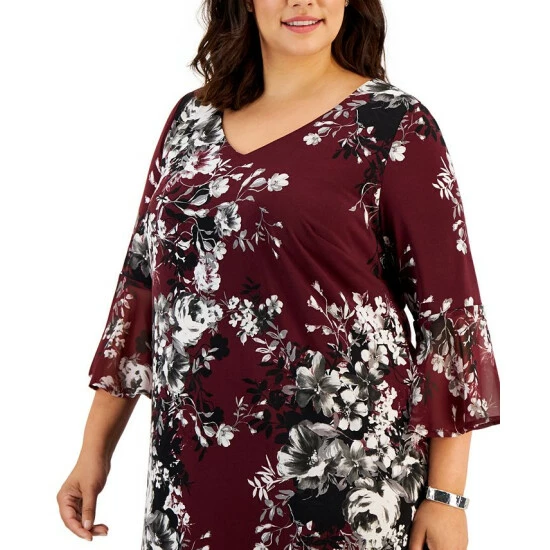 Buy π Connected Plus Size Printed 3/4-Bell-Sleeve Fit & Flare π Dress Bordeaux βοΈ - Image 4