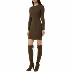 Discount ❤️ French Connection 👩 Women's Joann Mari Crewneck Ribbed-Knit Bodycon 👗 Dress Beech French Roast 🎁