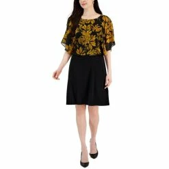 Promo 👍 Connected 👩 Women's Flora-Print Cape-Overlay A-Line 👗 Dress Mustard ✨