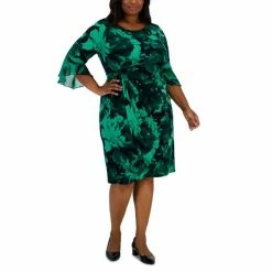 Buy 🥰 Connected Plus Size Floral-Print 3/4-Sleeve Sheath 👗 Dress Emerald ⭐