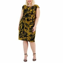 Hot Sale 🥰 Connected Plus Size Printed Side-Tab Cap-Sleeve 👗 Dress Mustard ✨