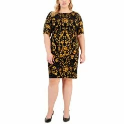 Hot Sale ❤️ Connected Plus Size Short-Sleeve Round-Neck Sheath 👗 Dress Mustard 😉