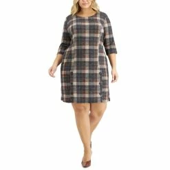 Best Sale 😉 Connected Petite Plaid Button-Trim Sheath 👗 Dress Brown ❤️