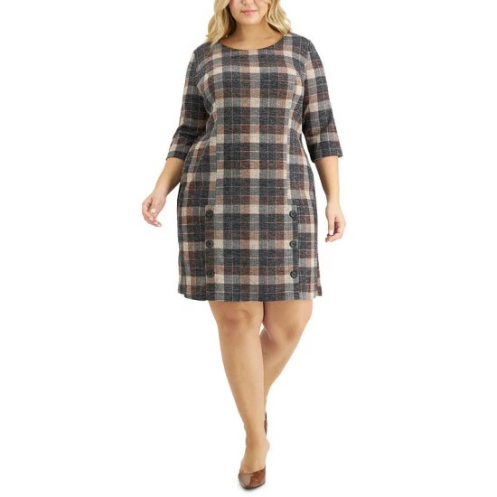 Best Sale π Connected Petite Plaid Button-Trim Sheath π Dress Brown β€οΈ