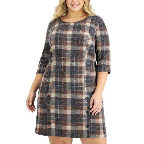 Best Sale π Connected Petite Plaid Button-Trim Sheath π Dress Brown β€οΈ - Image 4