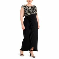 Deals 🎁 Connected Plus Size Embroidered Gathered-Waist Gown Champagne 🔥