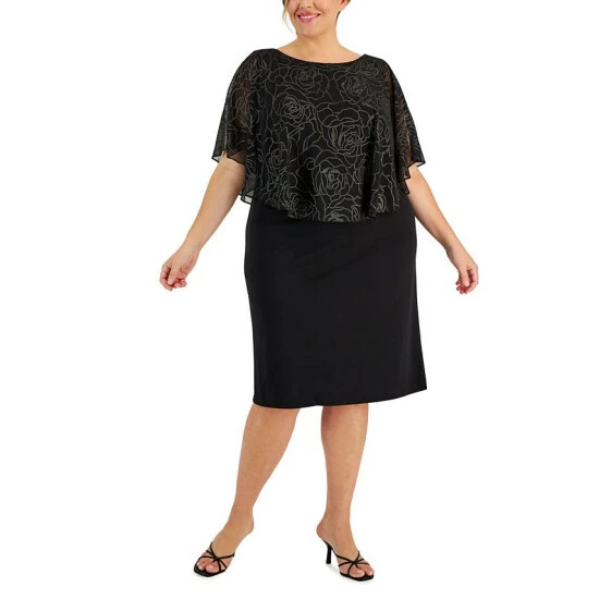 Promo π Connected Plus Size Round-Neck Cape-Detail Sheath π Dress Gold π§¨