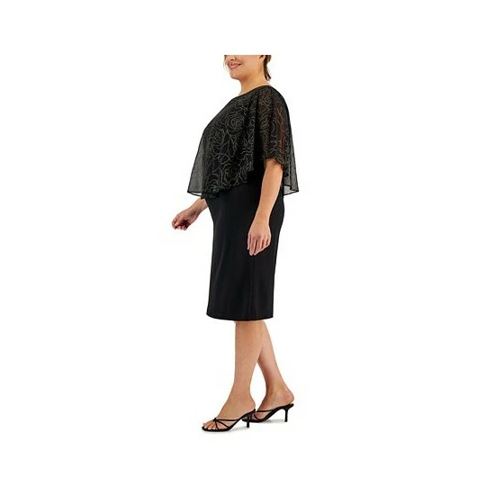 Promo π Connected Plus Size Round-Neck Cape-Detail Sheath π Dress Gold 𧨠- Image 3