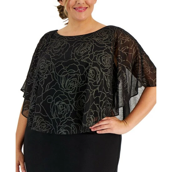 Promo π Connected Plus Size Round-Neck Cape-Detail Sheath π Dress Gold 𧨠- Image 4