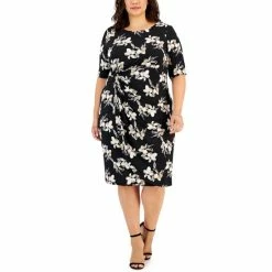 Best Sale 😍 Connected Plus Size Printed Side-Tab Sheath 👗 Dress Taupe 🧨