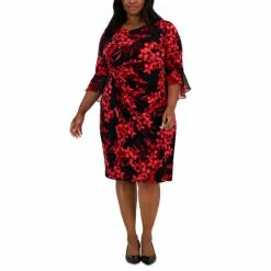 Cheap 🎉 Connected Petite 3/4-Sleeves Printed Side-Tab 👗 Dress Red 🔥