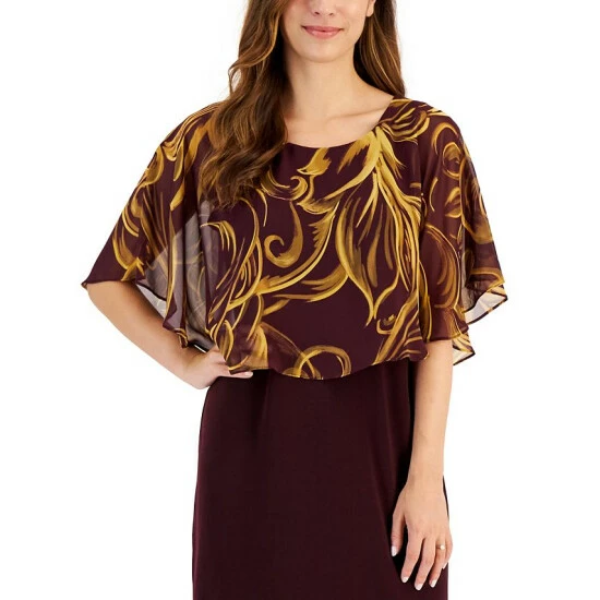 Deals π Connected Petite Printed Chiffon-Overlay A-Line π Dress Bordeaux 𧨠- Image 4
