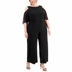 Deals 🎉 Connected Plus Size Cold-Shoulder Wide-Leg Jumpsuit Black ⌛