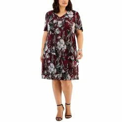 Top 10 👏 Connected Plus Size Printed Tiered 👗 Dress Bordeaux 🎉