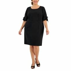 Coupon 🤩 Connected Plus Size Round-Neck Tie-Sleeve Sheath 👗 Dress Black ⭐