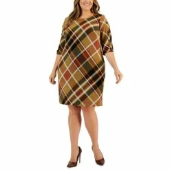 Best deal 🎉 Connected Plus Size Round-Neck 3/4-Sleeve Sheath 👗 Dress Spice 🥰