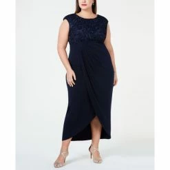 Best Sale ❤️ Connected Plus Size Soutache Faux-Wrap 👗 Dress Navy ⌛