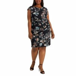 Cheapest 👏 Connected Plus Size Floral Cap-Sleeve Sheath 👗 Dress Black/coral ⌛