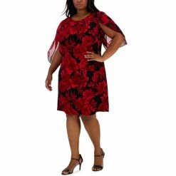 Discount 🔥 Connected Plus Size Printed 3/4-Tulip-Sleeve 👗 Dress Red 🔥