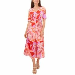 Coupon 🔥 MSK 👩 Women's Floral-Print Tie-Waist Elbow-Sleeve 👗 Dress Red/purple 🔥