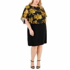 Promo 🧨 Connected Plus Size Round-Neck Printed-Overlay Sheath 👗 Dress Black/bronze ✨