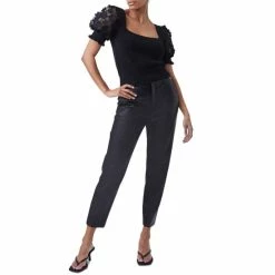 Best Sale 🎁 French Connection Juliet Cotton Puff-Sleeve Sweater Black/ Black ⭐