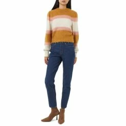 Promo ✨ French Connection 👩 Women's Moli Brushed Striped Jumper Sweater Gold Oatmeal Rose 🛒