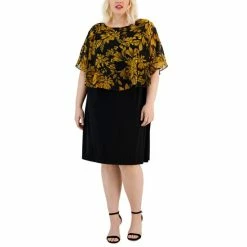 Best Sale 🛒 Connected Plus Size Printed-Overlay Jersey-Knit 👗 Dress Mustard 🔥