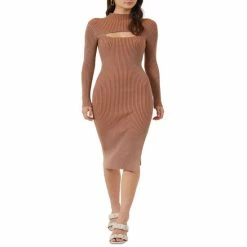 Promo 🎁 French Connection 👩 Women's Mathilda Rib-Knit Cutout 👗 Dress Camel- Glazed Ginger 🎁