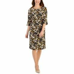 Deals 🔥 Connected Petite Printed Bell-Sleeve Sheath 👗 Dress Mustard 💯